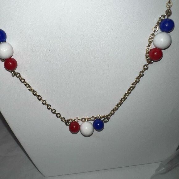 Sara Coventry Vintage Red Whit and Blue Gold Tone Necklace and Clip Earrings Set - Picture 8 of 8